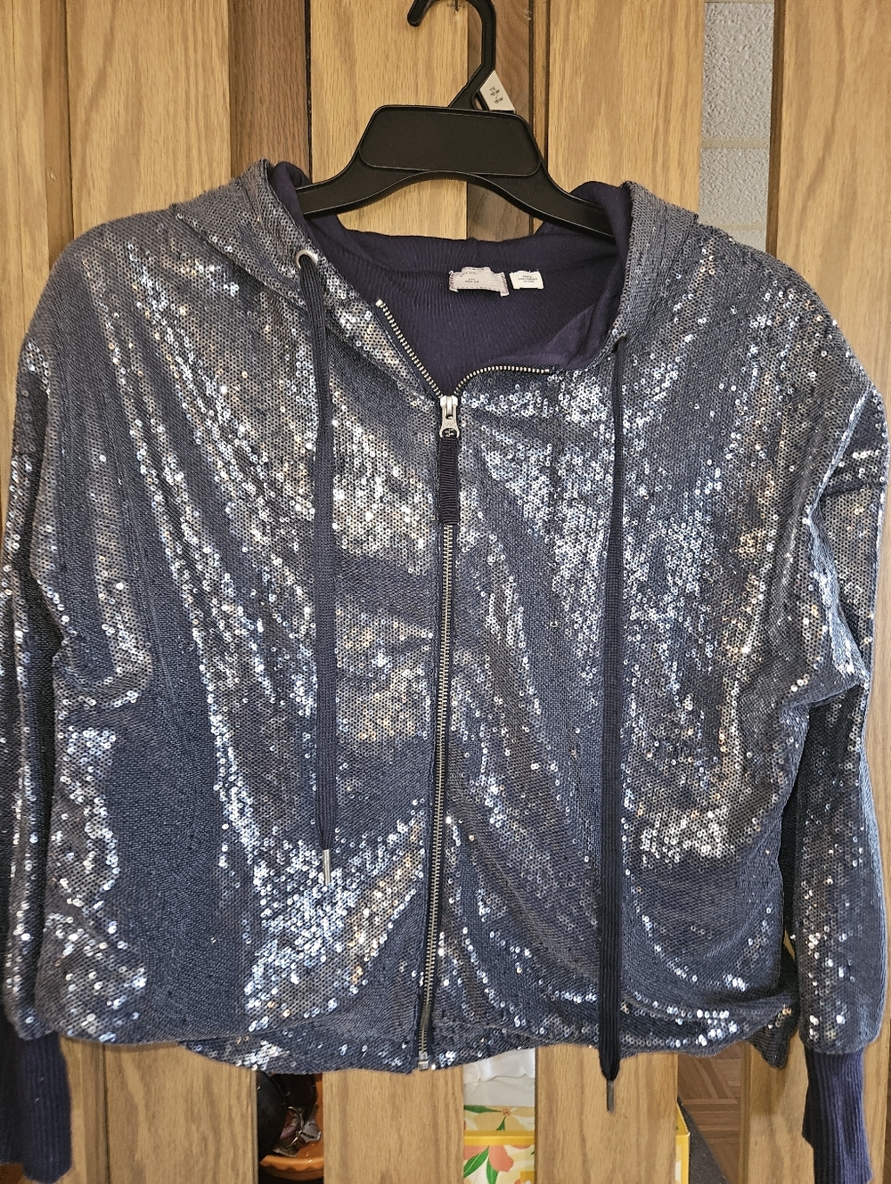 9-H15 STCL Sz M Blue Pewter Sequin Zip Front Hoodie